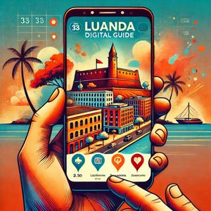 May include: A hand holding a smartphone displaying the "Luanda Digital Guide" app. The app shows a colorful illustration of a city with buildings, a fortress, palm trees, and a sailboat. The background is a vibrant mix of orange, blue, and yellow.