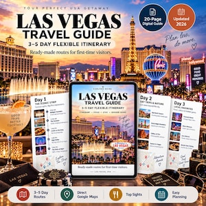 May include: A 20-page digital Las Vegas travel guide featuring a 3-5 day flexible itinerary. The cover displays the Las Vegas skyline at night with the Welcome to Fabulous Las Vegas sign. It includes daily route breakdowns, food, stay, and hidden gem recommendations for first-time visitors, updated for 2026.