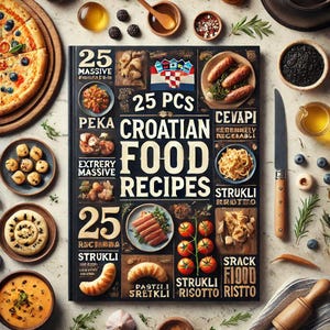 Peut inclure: Une couverture de livre de cuisine avec un fond noir et des illustrations de nourriture colorées. Le titre est "25 Recettes de Cuisine Croate" avec le texte "25 Pcs" et "Extrêmement Massive" en rouge. La couverture présente des images de plats croates traditionnels comme les cevapcici, les strukli et la peka.