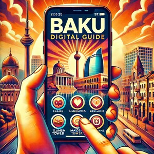 May include: A digital guide app for Baku, Azerbaijan, displayed on a smartphone. The app features icons for landmarks, restaurants, and other attractions. The background shows a cityscape with buildings and a tower.