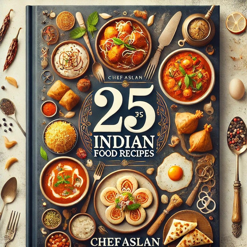 Puede incluir: Una portada de libro de cocina con un fondo oscuro que presenta 25 recetas de comida india. La portada est&aacute; decorada con varios platos indios, especias e ingredientes. El t&iacute;tulo "25 Indian Food Recipes" est&aacute; escrito en letras doradas con un borde decorativo.