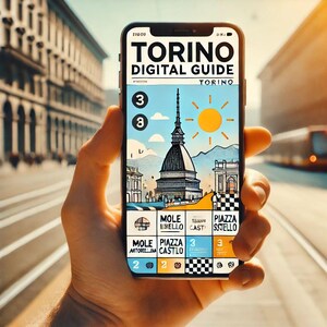 Puede incluir: La pantalla de un teléfono inteligente que muestra una guía digital para la ciudad de Turín, Italia. La guía presenta una ilustración de dibujos animados del horizonte de la ciudad, incluida la Mole Antonelliana, con un sol amarillo brillante en el cielo. La pantalla también muestra un mapa con varios puntos de interés, incluida la Mole Antonelliana, la Piazza Castello y el Palazzo Reale.