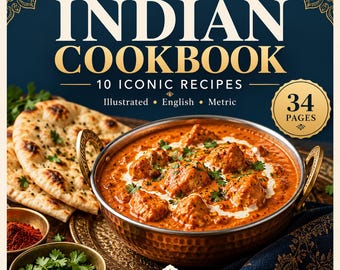 May include: A digital Indian cookbook cover featuring the text INDIAN COOKBOOK 10 ICONIC RECIPES 34 PAGES. The image displays a copper bowl of chicken tikka masala with naan bread, spices, and cilantro on a dark background.