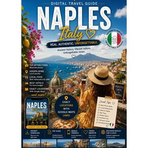 Puede incluir: Portada de una guía de viaje digital de Nápoles, Italia, con una vista panorámica y una mujer con una taza de café. La guía destaca atracciones, consejos locales y enlaces de Google Maps. El título es "Nápoles Italia" con el lema "Real. Authentic. Unforgettable."