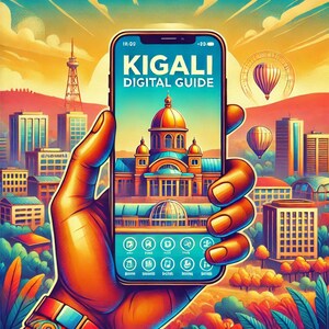 Puede incluir: Una mano sosteniendo un teléfono inteligente que muestra una guía digital de Kigali, Ruanda. La pantalla del teléfono muestra una ilustración colorida de un edificio de la iglesia y el texto "KIGALI DIGITAL GUIDE".