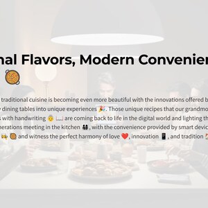 Puede incluir: Un gr&aacute;fico con el texto "Traditional Flavors, Modern Convenience" y varios emojis, incluyendo una casa, un mando a distancia, una rebanada de pizza, una bombilla, un coraz&oacute;n, un tel&eacute;fono inteligente y una familia de tres. El texto debajo dice "La rica herencia de nuestra cocina tradicional se est&aacute; volviendo a&uacute;n m&aacute;s hermosa con las innovaciones que ofrece la tecnolog&iacute;a, transformando nuestras mesas de comedor familiares en experiencias &uacute;nicas. Esas recetas &uacute;nicas que nuestras abuelas y madres inscribieron en sus corazones con su letra est&aacute;n volviendo a la vida en el mundo digital y abriendo el camino para las generaciones futuras. Las generaciones que se re&uacute;nen en la cocina, con la comodidad que brindan los dispositivos inteligentes, mantienen vivos nuestros sabores tradicionales y presencian la perfecta armon&iacute;a del amor, la innovaci&oacute;n y la tradici&oacute;n en cada comida. Chef ASLAN"