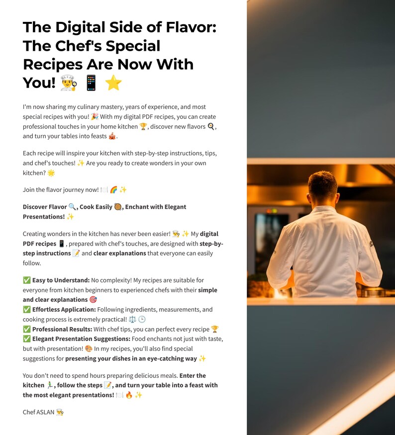 Puede incluir: Un chef con un uniforme blanco se encuentra en una cocina, de espaldas a la c&aacute;mara. El texto de la imagen dice "The Digital Side of Flavor: The Chef's Special Recipes Are Now With You!" y describe las recetas digitales del chef como f&aacute;ciles de seguir y perfectas para todos los niveles de cocineros.