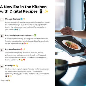 Puede incluir: Una pantalla blanca con una receta digital en ella. La pantalla muestra un plato de comida con una cuchara de madera al lado. El texto en la pantalla dice "A New Era in the Kitchen with Digital Recipes".