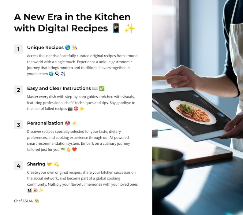 Puede incluir: Una pantalla blanca con una receta digital en ella. La pantalla muestra un plato de comida con una cuchara de madera al lado. El texto en la pantalla dice "A New Era in the Kitchen with Digital Recipes".