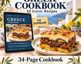 May include: A digital Greek cookbook PDF download featuring 10 iconic recipes. The cover displays a moussaka dish with layers of aubergine, meat sauce, and a golden crust. The text reads GREEK COOKBOOK 10 Iconic Recipes and 34-Page Cookbook.