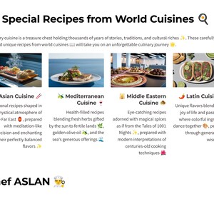 Puede incluir: Un gr&aacute;fico colorido con cuatro cocinas diferentes: asi&aacute;tica, mediterr&aacute;nea, de Oriente Medio y latina. Cada cocina est&aacute; representada por una imagen de comida y una descripci&oacute;n de las caracter&iacute;sticas &uacute;nicas de la cocina.