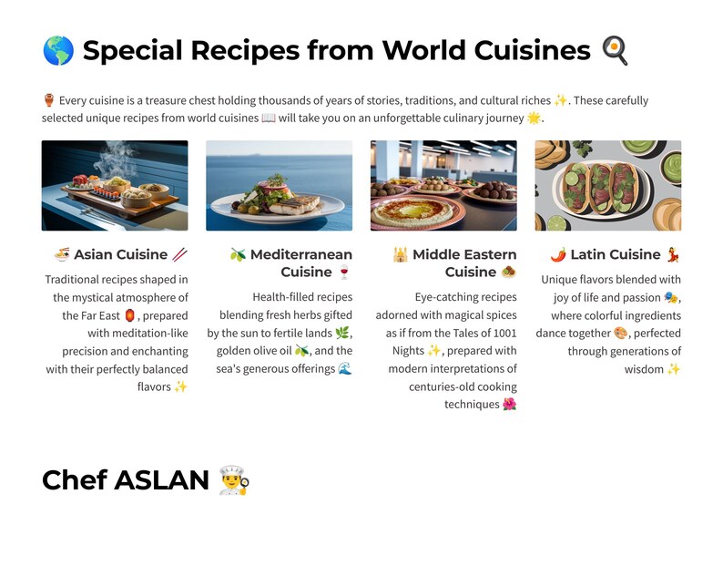 Puede incluir: Un gr&aacute;fico colorido con cuatro cocinas diferentes: asi&aacute;tica, mediterr&aacute;nea, de Oriente Medio y latina. Cada cocina est&aacute; representada por una imagen de comida y una descripci&oacute;n de las caracter&iacute;sticas &uacute;nicas de la cocina.