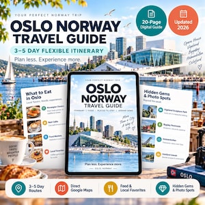 May include: A digital travel guide for Oslo, Norway, displayed on a tablet screen. The guide features a 3-5 day itinerary, food recommendations, and hidden gems. The cover shows the Oslo Opera House and city skyline with the text Oslo Norway Travel Guide.