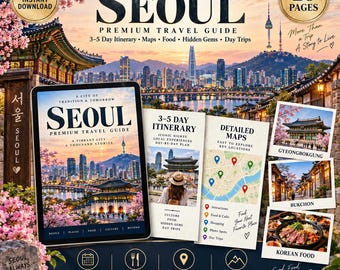 May include: A 20-page digital Seoul premium travel guide featuring a 3-5 day itinerary, maps, food recommendations, and hidden gems. The cover displays a city skyline at sunset with cherry blossoms and traditional architecture.