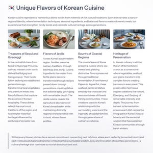 Puede incluir: Una infograf&iacute;a colorida sobre la cocina coreana, destacando los sabores &uacute;nicos y las tradiciones culinarias de diferentes regiones. La infograf&iacute;a presenta im&aacute;genes de varios platos coreanos y texto que describe la historia y el significado cultural de la cocina de cada regi&oacute;n.