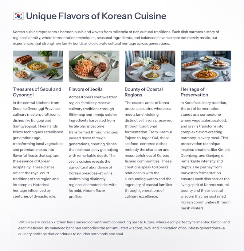 Puede incluir: Una infograf&iacute;a colorida sobre la cocina coreana, destacando los sabores &uacute;nicos y las tradiciones culinarias de diferentes regiones. La infograf&iacute;a presenta im&aacute;genes de varios platos coreanos y texto que describe la historia y el significado cultural de la cocina de cada regi&oacute;n.