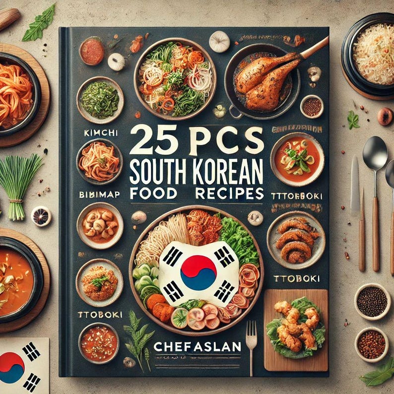 Puede incluir: Una portada de libro de cocina con fondo negro y un collage colorido de platos de comida coreana. El t&iacute;tulo es "25 PCS SOUTH KOREAN FOOD RECIPES" con el texto "CHEFASLAN" en la parte inferior.