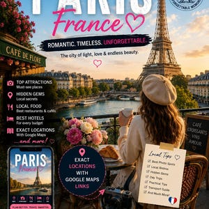 May include: A digital travel guide for Paris, France, featuring the Eiffel Tower and other landmarks. The guide includes information on top attractions, local food, and exact locations with Google Maps links. The image also shows a person enjoying a coffee with a view of the Eiffel Tower.