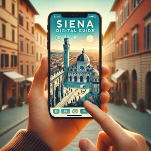 Peut inclure: Une main tenant un smartphone affichant une application de guide numérique pour la ville de Sienne, en Italie. L'application présente une illustration colorée de l'horizon de la ville, y compris le Duomo et la Torre del Mangia.