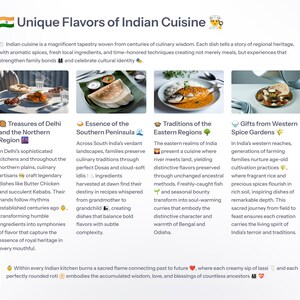 Puede incluir: Una infograf&iacute;a colorida sobre los sabores &uacute;nicos de la cocina india. La infograf&iacute;a presenta cuatro secciones, cada una con una regi&oacute;n diferente de la India y sus platos caracter&iacute;sticos. El texto destaca la historia, los ingredientes y la importancia cultural de la cocina de cada regi&oacute;n.