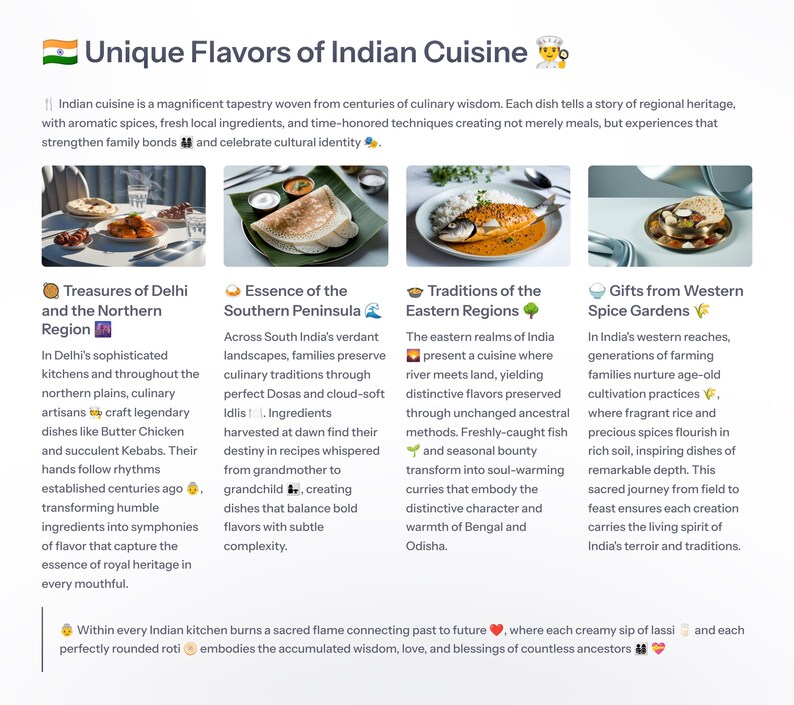 Puede incluir: Una infograf&iacute;a colorida sobre los sabores &uacute;nicos de la cocina india. La infograf&iacute;a presenta cuatro secciones, cada una con una regi&oacute;n diferente de la India y sus platos caracter&iacute;sticos. El texto destaca la historia, los ingredientes y la importancia cultural de la cocina de cada regi&oacute;n.