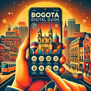 May include: A smartphone screen displaying a digital guide to Bogota, Colombia. The guide features a colorful illustration of a church and a hot air balloon. The screen also shows icons for different categories, such as dining, shopping, and attractions.