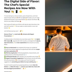 Puede incluir: Un chef con un uniforme blanco se encuentra en una cocina, con un texto superpuesto que describe las recetas digitales PDF del chef. El texto incluye el t&iacute;tulo "The Digital Side of Flavor: The Chef's Special Recipes Are Now With You!" y destaca los beneficios de las recetas, como instrucciones f&aacute;ciles de entender, aplicaci&oacute;n sin esfuerzo y resultados profesionales.