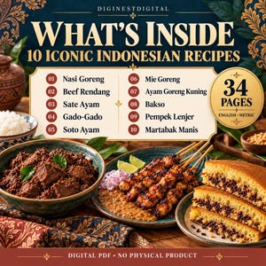 Indonezyjska książka kucharska PDF: 10 kultowych przepisów, Rendang, Nasi Goreng i Satay | Ilustrowana cyfrowa książka kucharska