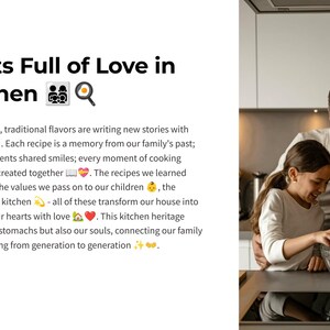 Puede incluir: Una familia de cuatro sonr&iacute;e mientras cocina junta en una cocina moderna. La imagen muestra una cocina blanca con electrodom&eacute;sticos de acero inoxidable y un taz&oacute;n de vidrio lleno de ingredientes. El pie de foto dice "Moments Full of Love in the Kitchen".