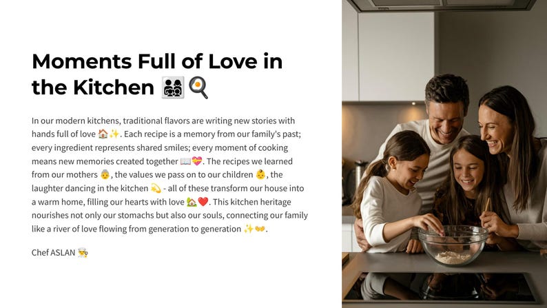 Puede incluir: Una familia de cuatro sonr&iacute;e mientras cocina junta en una cocina moderna. La imagen muestra una cocina blanca con electrodom&eacute;sticos de acero inoxidable y un taz&oacute;n de vidrio lleno de ingredientes. El pie de foto dice "Moments Full of Love in the Kitchen".