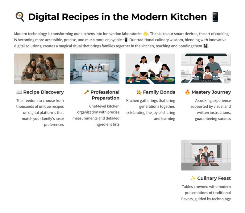 Puede incluir: Ilustraci&oacute;n de una cocina moderna con cinco secciones diferentes que resaltan los beneficios de usar recetas digitales. Las secciones se titulan "Descubrimiento de recetas", "Preparaci&oacute;n profesional", "Lazos familiares", "Viaje de maestr&iacute;a" y "Fest&iacute;n culinario".
