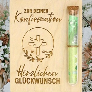 Geldgeschenk Holzkarte religiöse Feste – Wunscherfüller Gutschein mit Reagenzglas, Konfirmation, Kommunion, Firmung Geschenk bild 8