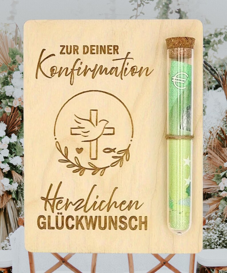 Geldgeschenk Holzkarte religiöse Feste – Wunscherfüller Gutschein mit Reagenzglas, Konfirmation, Kommunion, Firmung Geschenk bild 8
