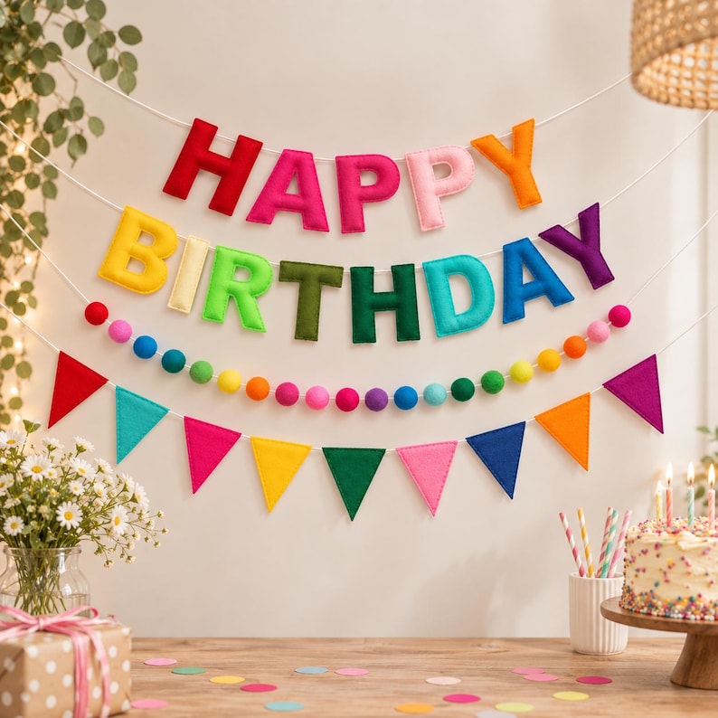 May include: A multi-colored felt banner spelling out Happy Birthday in block letters, suspended above a string of colorful felt pom-poms and a row of triangular fabric pennants in various bright shades, creating a festive party decoration.