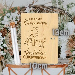 Geldgeschenk Holzkarte religiöse Feste – Wunscherfüller Gutschein mit Reagenzglas, Konfirmation, Kommunion, Firmung Geschenk bild 11
