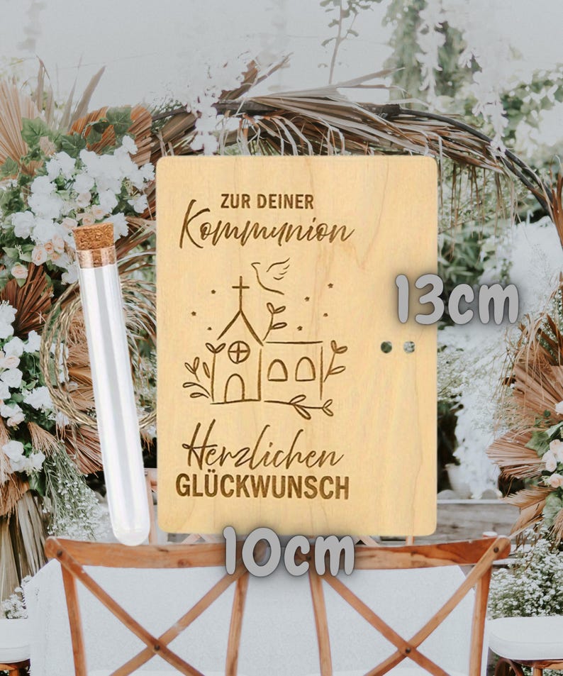 Geldgeschenk Holzkarte religiöse Feste – Wunscherfüller Gutschein mit Reagenzglas, Konfirmation, Kommunion, Firmung Geschenk bild 11