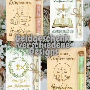 Geldgeschenk Holzkarte religiöse Feste – Wunscherfüller Gutschein mit Reagenzglas, Konfirmation, Kommunion, Firmung Geschenk bild 1