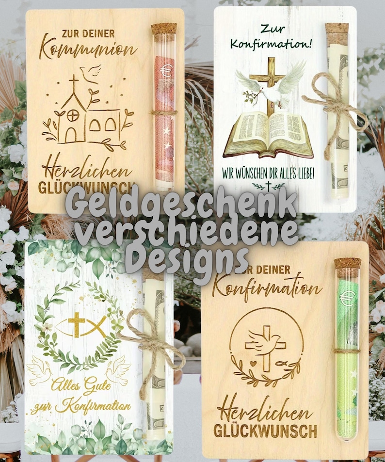 Geldgeschenk Holzkarte religiöse Feste – Wunscherfüller Gutschein mit Reagenzglas, Konfirmation, Kommunion, Firmung Geschenk bild 1