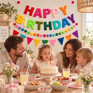 May include: A colorful felt Happy Birthday banner with individual letters in red, pink, orange, yellow, lime green, olive, dark green, teal, blue, and purple, accented by a string of multi-colored felt pom-poms and triangular pennant flags.