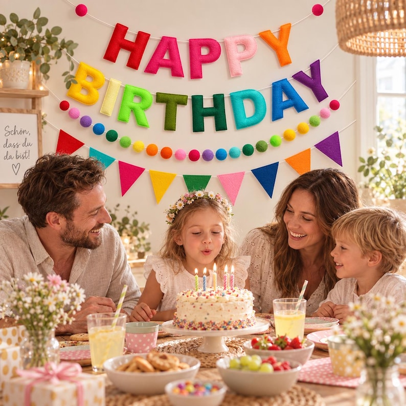 May include: A colorful felt Happy Birthday banner with individual letters in red, pink, orange, yellow, lime green, olive, dark green, teal, blue, and purple, accented by a string of multi-colored felt pom-poms and triangular pennant flags.