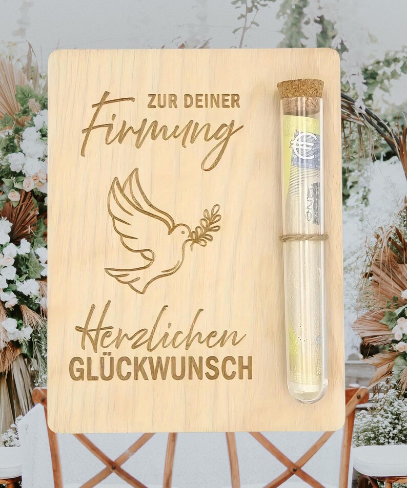 Geldgeschenk Holzkarte religiöse Feste – Wunscherfüller Gutschein mit Reagenzglas, Konfirmation, Kommunion, Firmung Geschenk bild 10