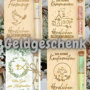 Geldgeschenk Holzkarte religiöse Feste – Wunscherfüller Gutschein mit Reagenzglas, Konfirmation, Kommunion, Firmung Geschenk bild 2