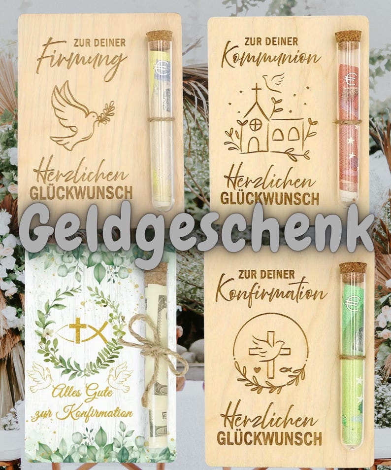 Geldgeschenk Holzkarte religiöse Feste – Wunscherfüller Gutschein mit Reagenzglas, Konfirmation, Kommunion, Firmung Geschenk bild 2