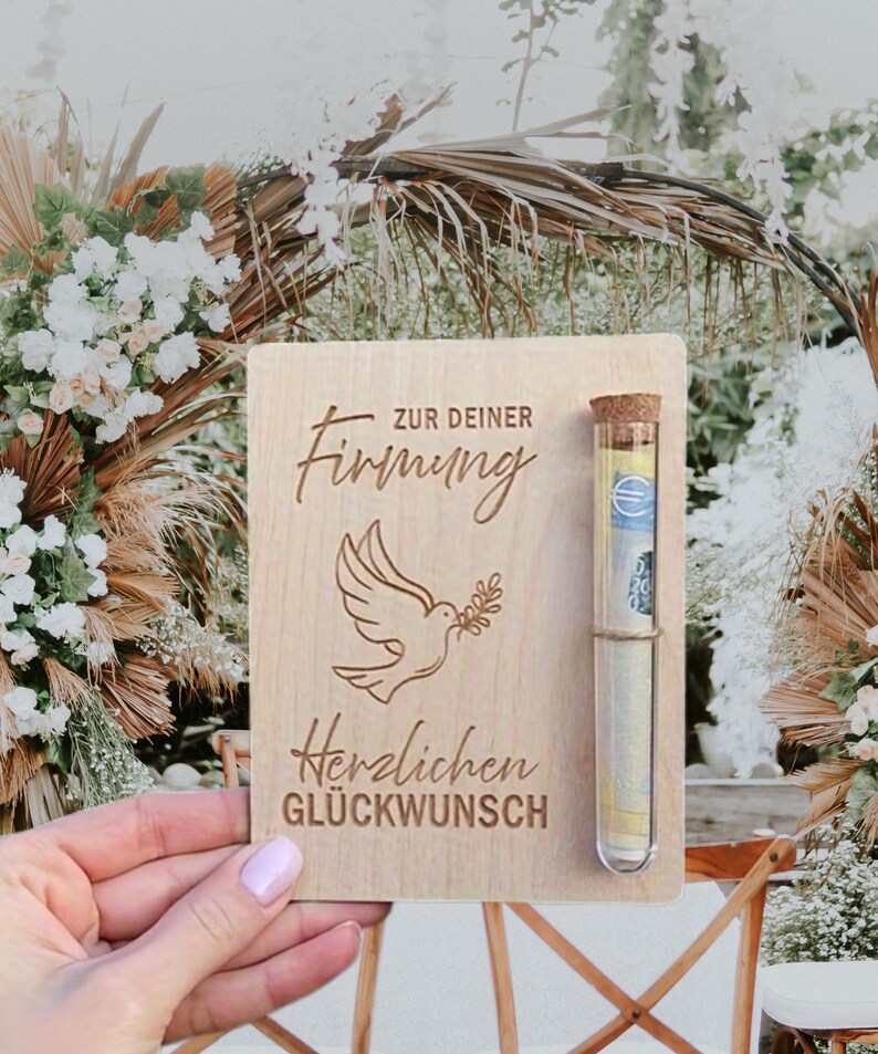 Geldgeschenk Holzkarte religiöse Feste – Wunscherfüller Gutschein mit Reagenzglas, Konfirmation, Kommunion, Firmung Geschenk bild 9