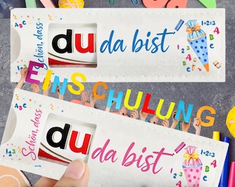 Filz Gastgeschenk Einschulung Schön dass du da bist Duplo Verpackung Schulanfang Tischdeko Gäste Mitgebsel personalisiert blau pink