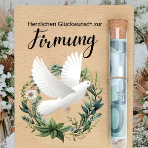 Geldgeschenk Holzkarte religiöse Feste – Wunscherfüller Gutschein mit Reagenzglas, Konfirmation, Kommunion, Firmung Geschenk bild 7