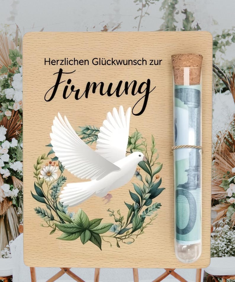 Geldgeschenk Holzkarte religiöse Feste – Wunscherfüller Gutschein mit Reagenzglas, Konfirmation, Kommunion, Firmung Geschenk bild 7