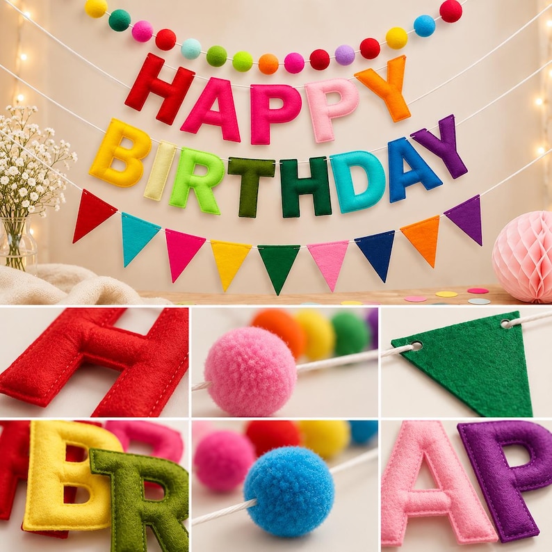 May include: A multi-colored felt banner spelling HAPPY BIRTHDAY with individual letters strung on white cord. The set includes a garland of small felt pom-poms and a series of triangular felt pennants in red, blue, pink, yellow, and green.