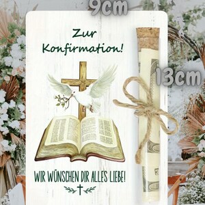 Geldgeschenk Holzkarte religiöse Feste – Wunscherfüller Gutschein mit Reagenzglas, Konfirmation, Kommunion, Firmung Geschenk bild 5