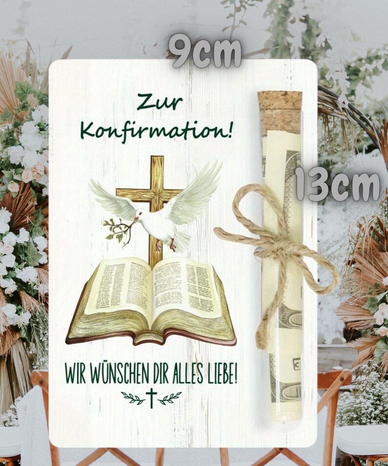 Geldgeschenk Holzkarte religiöse Feste – Wunscherfüller Gutschein mit Reagenzglas, Konfirmation, Kommunion, Firmung Geschenk bild 5